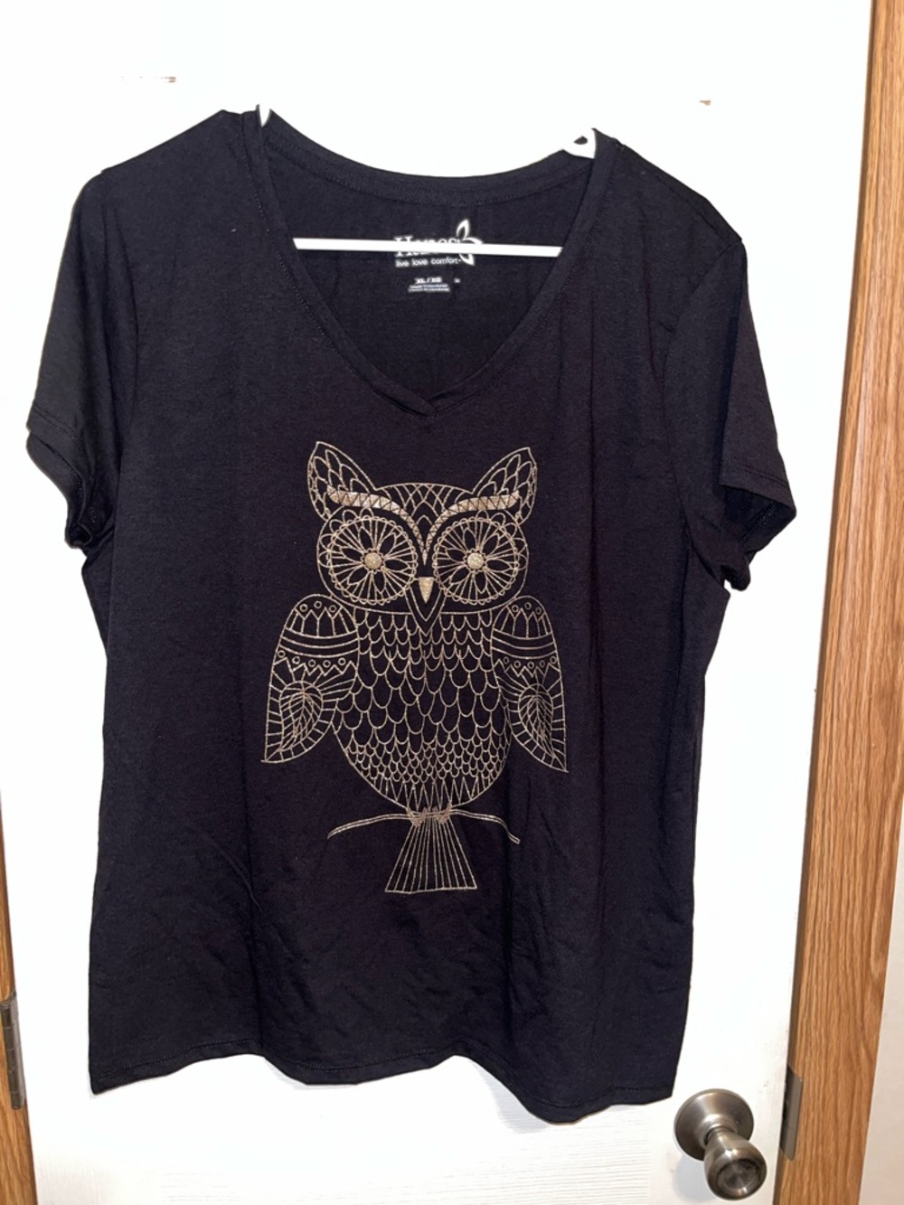 Hanes Black V-Neck Tee with Metallic Gold Owl Graphic